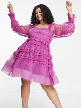 Asos Lace and Beads Ruffled Tiered Magenta Tulle Dress